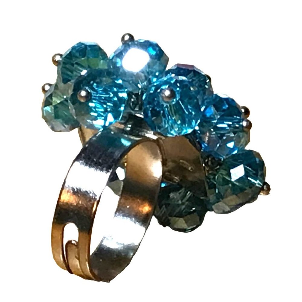 Vintage Aqua Blue Faceted AB Crystal Bead Cluster Cocktail Ring Adjustable - Picture 8 of 10